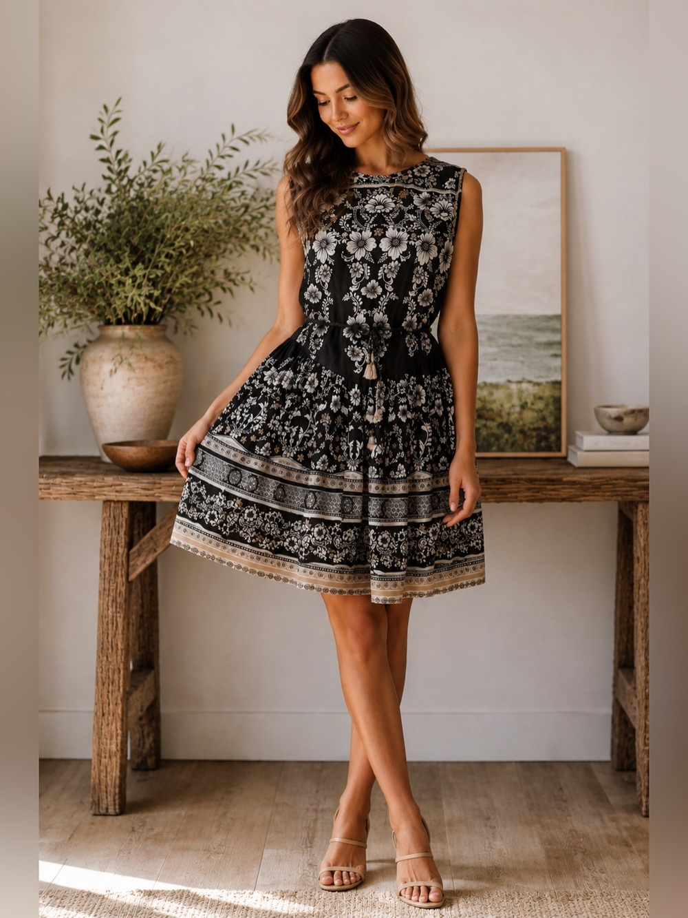Camila Coelho Black Floral Tiered Mini Dress with Cream Trim